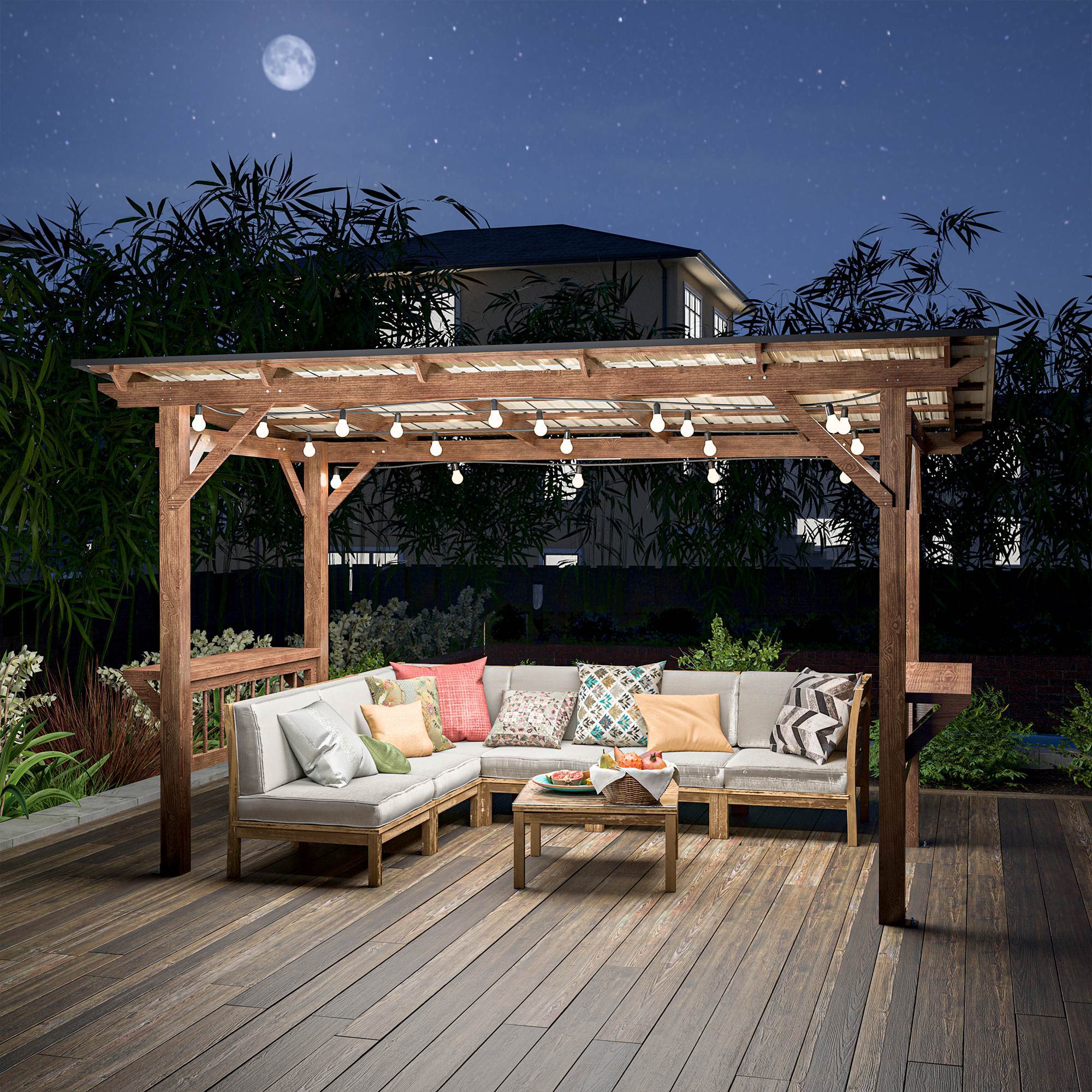 13X 6.5 Ft Wooden Pergola Grill Gazebo With Metal Roof & Bulbs & Bar Counters - Outdoor Chilling