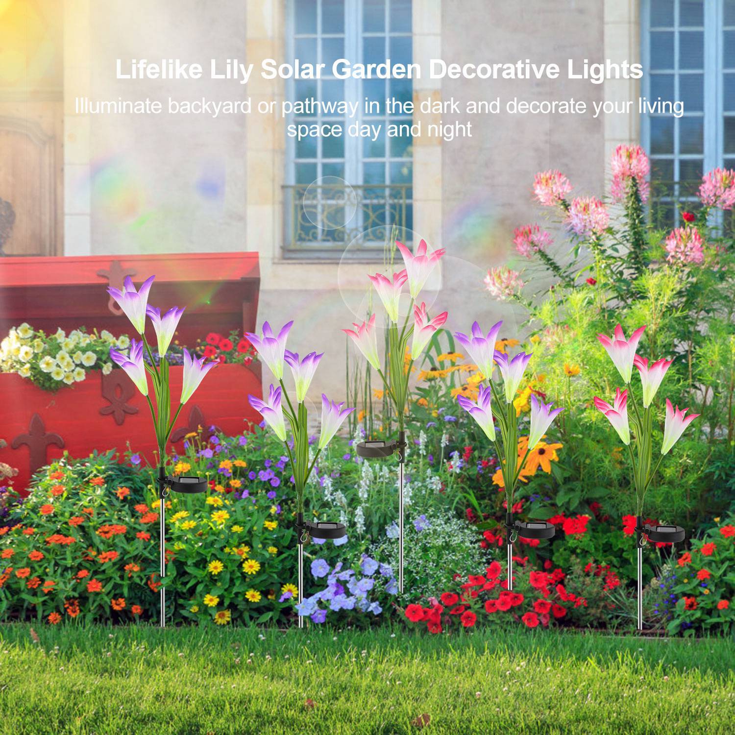 2Pcs Solar Pathway Lights Outdoor Lily Flower 7-Color Changing IP65 Waterproof For Garden Patio Yard Walkway - Outdoor Chilling