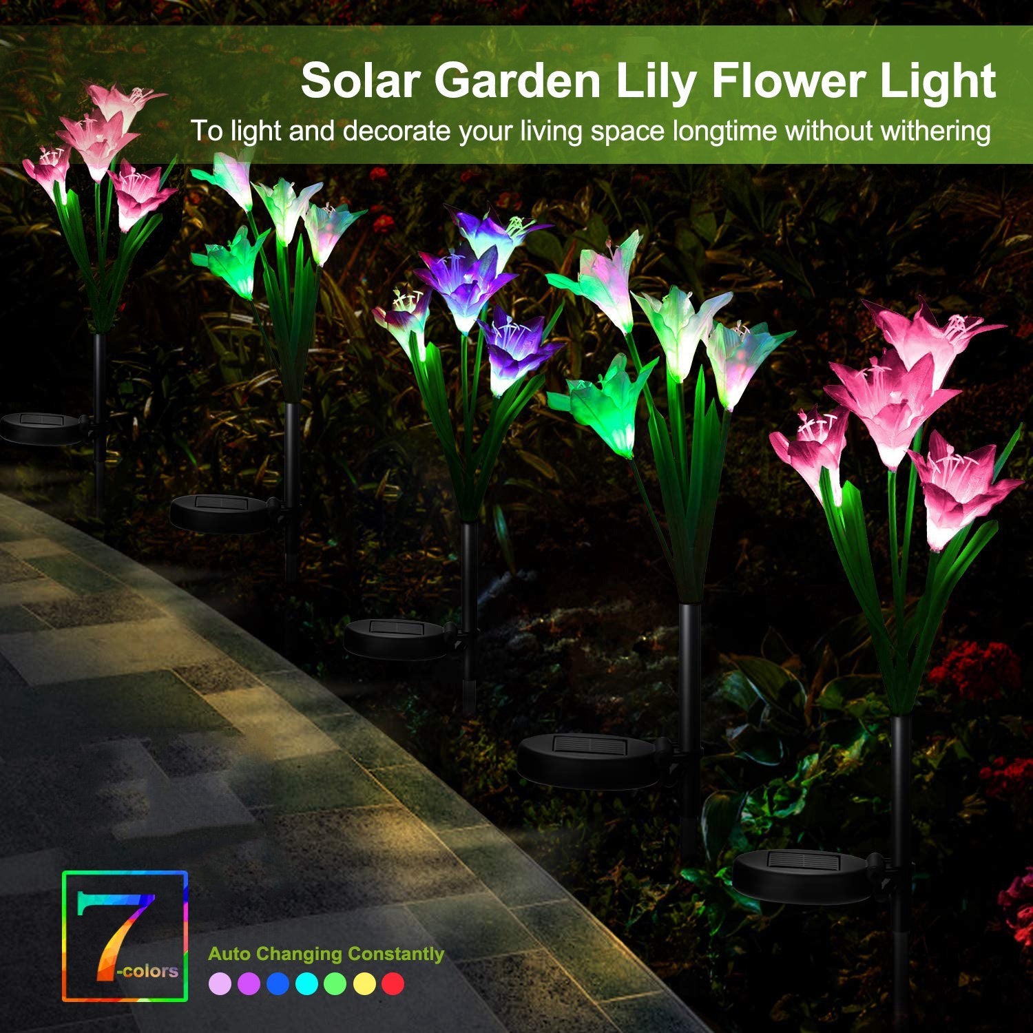 2Pcs Solar Pathway Lights Outdoor Lily Flower 7-Color Changing IP65 Waterproof For Garden Patio Yard Walkway - Outdoor Chilling