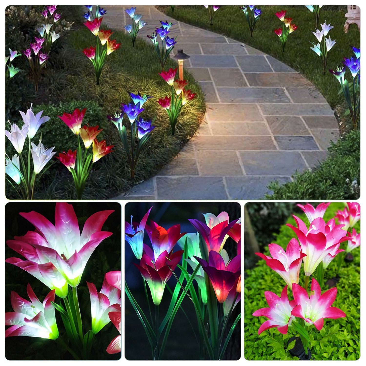 2Pcs Solar Pathway Lights Outdoor Lily Flower 7-Color Changing IP65 Waterproof For Garden Patio Yard Walkway - Outdoor Chilling