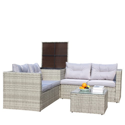 4 Piece Patio Sectional Wicker Rattan Outdoor Furniture Sofa Set With Storage Box Grey - Outdoor Chilling
