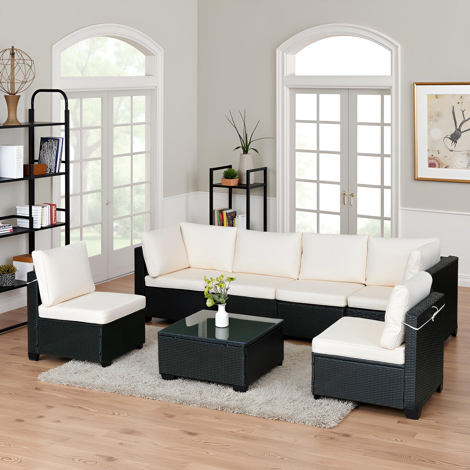 Hot Selling Seven-Piece Sofa Set Table With Sofa Chair Black PE Rattan Outdoor New Design Furniture 7-JH002 Box 3-1-2-3 With White Color Cushion - Outdoor Chilling