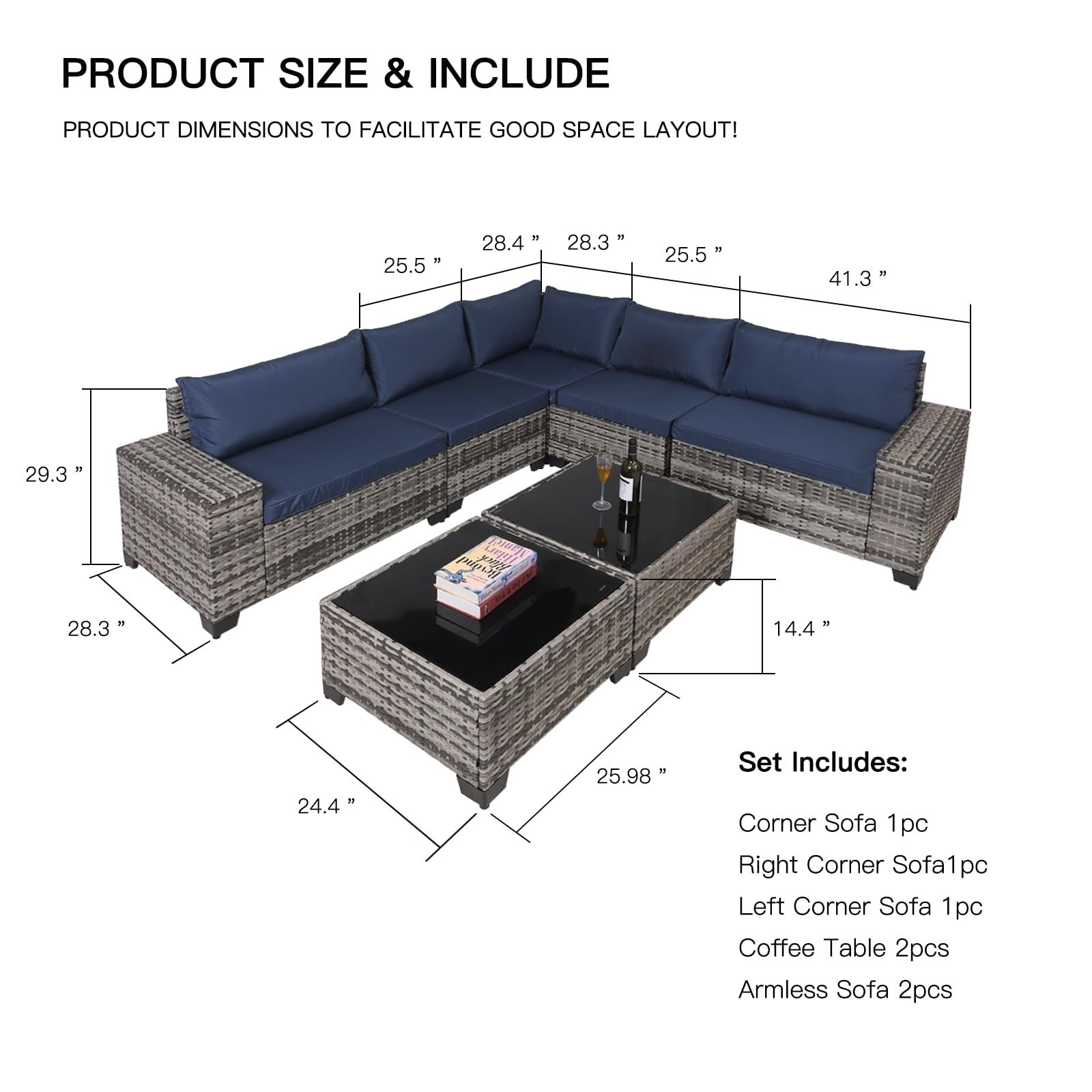 7-Piece Outdoor Patio Furniture Sets, All-Weather Wicker Rattan Sectional Sofa, Modern Two Glass Coffee Table And Washable Seat Cushion - Outdoor Chilling