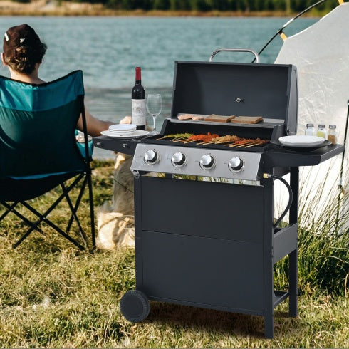 Propane Gas Grill 4 Burner Barbecue Grill, Stainless Steel 34,000 BTU Patio Garden Barbecue Grill With Two Shelves, Lid, Wheels And Bottle Opener - Outdoor Chilling