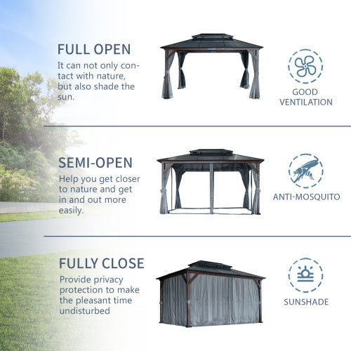 10' X 13' Hardtop Wood Gazebo For Patios, Outdoor Framed Gazebo With Polycarbonate Double Roof Canopy, Solid Wooden Framed Gazebo With Privacy Curtains And Mosquito Nettings For Garden, Backyard - Outdoor Chilling