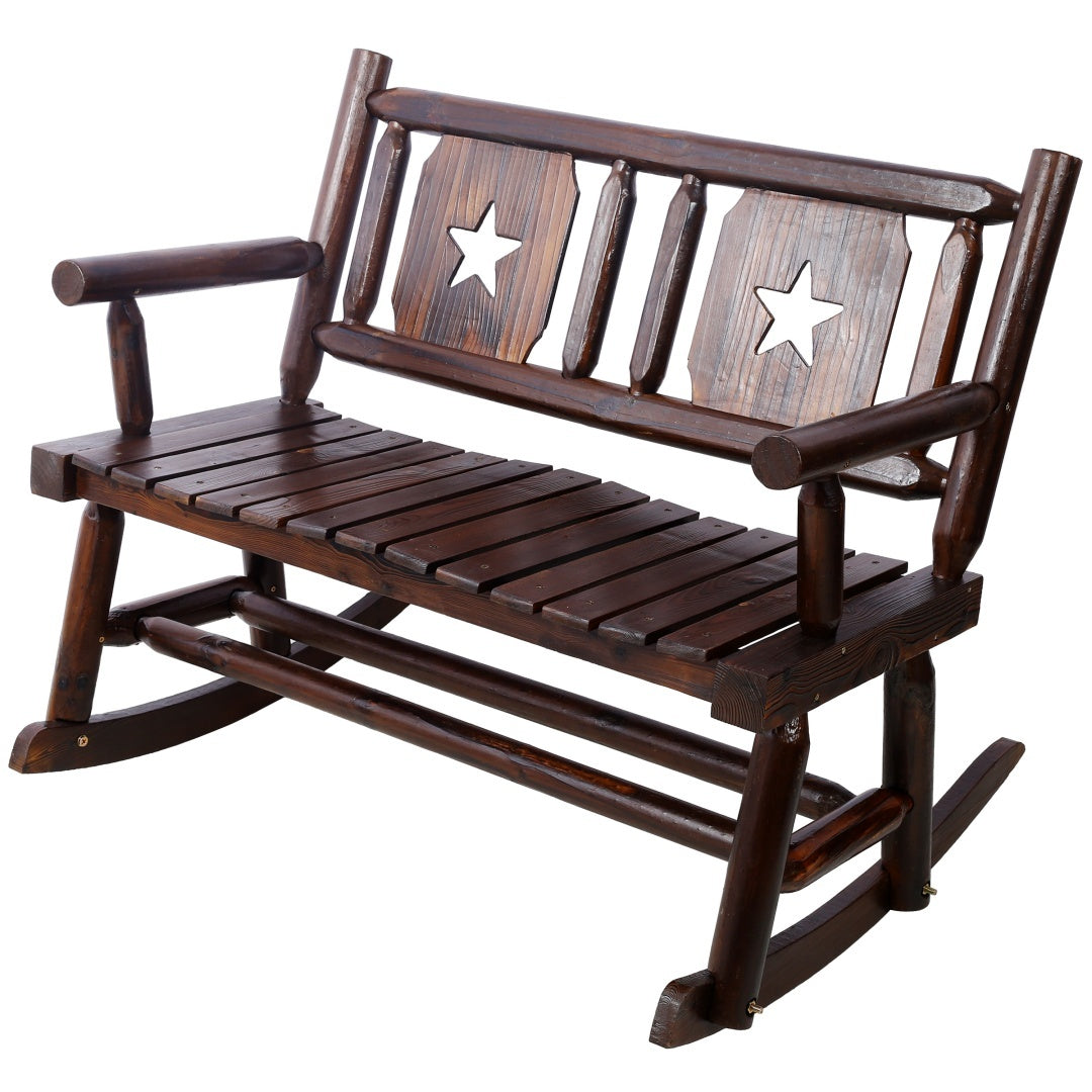 Outdoor Solid Wood Rocking Chair Bench Carbonized Double Rocking Chair For 2 People With Wide Curved Seat For Porch, Garden, Backyard, Rustic Brown - Outdoor Chilling