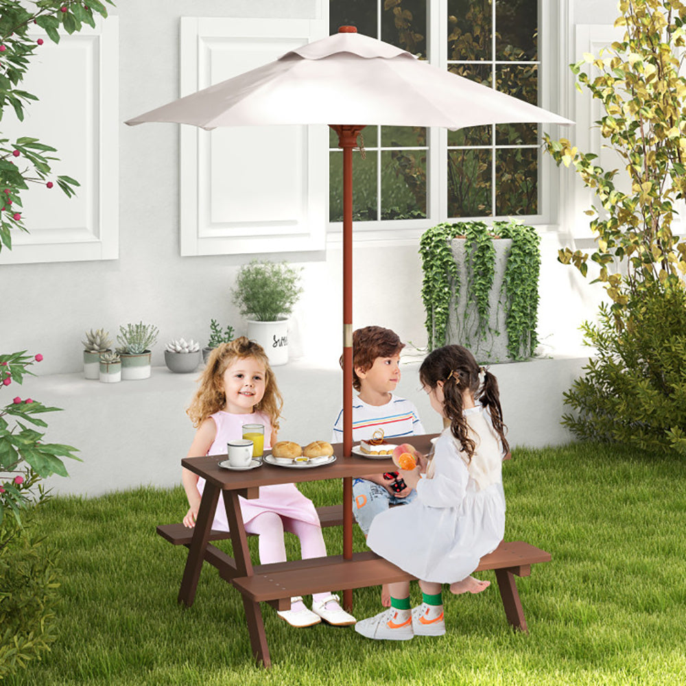 Outdoor 4-Seat Kids Picnic Table Bench Set With Removable Umbrella - Outdoor Chilling