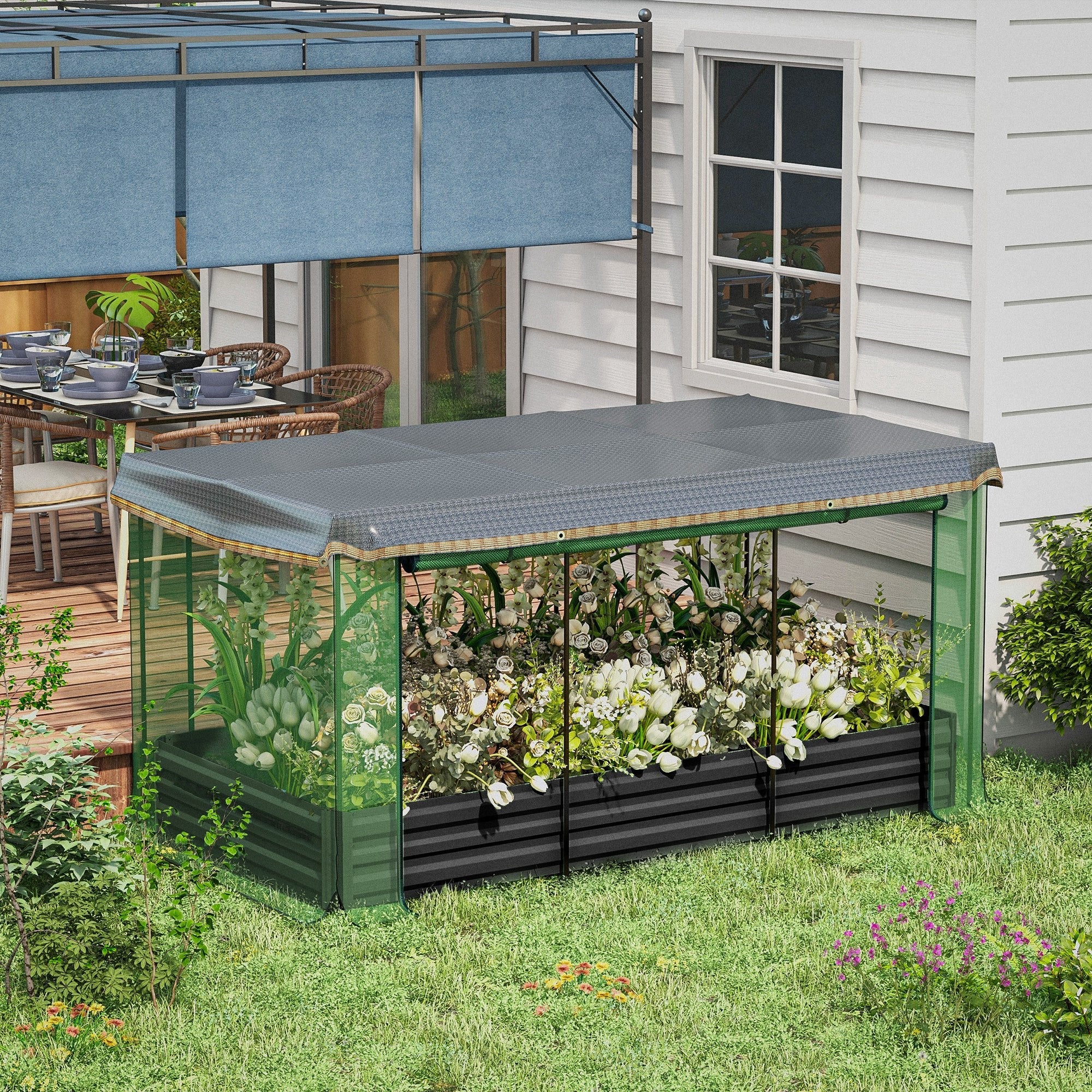 Galvanized Steel Planter Box With Crop Cage And Shade Cloth, Raised Garden Bed For Flowers, Veggies And Herbs, Gray - Outdoor Chilling