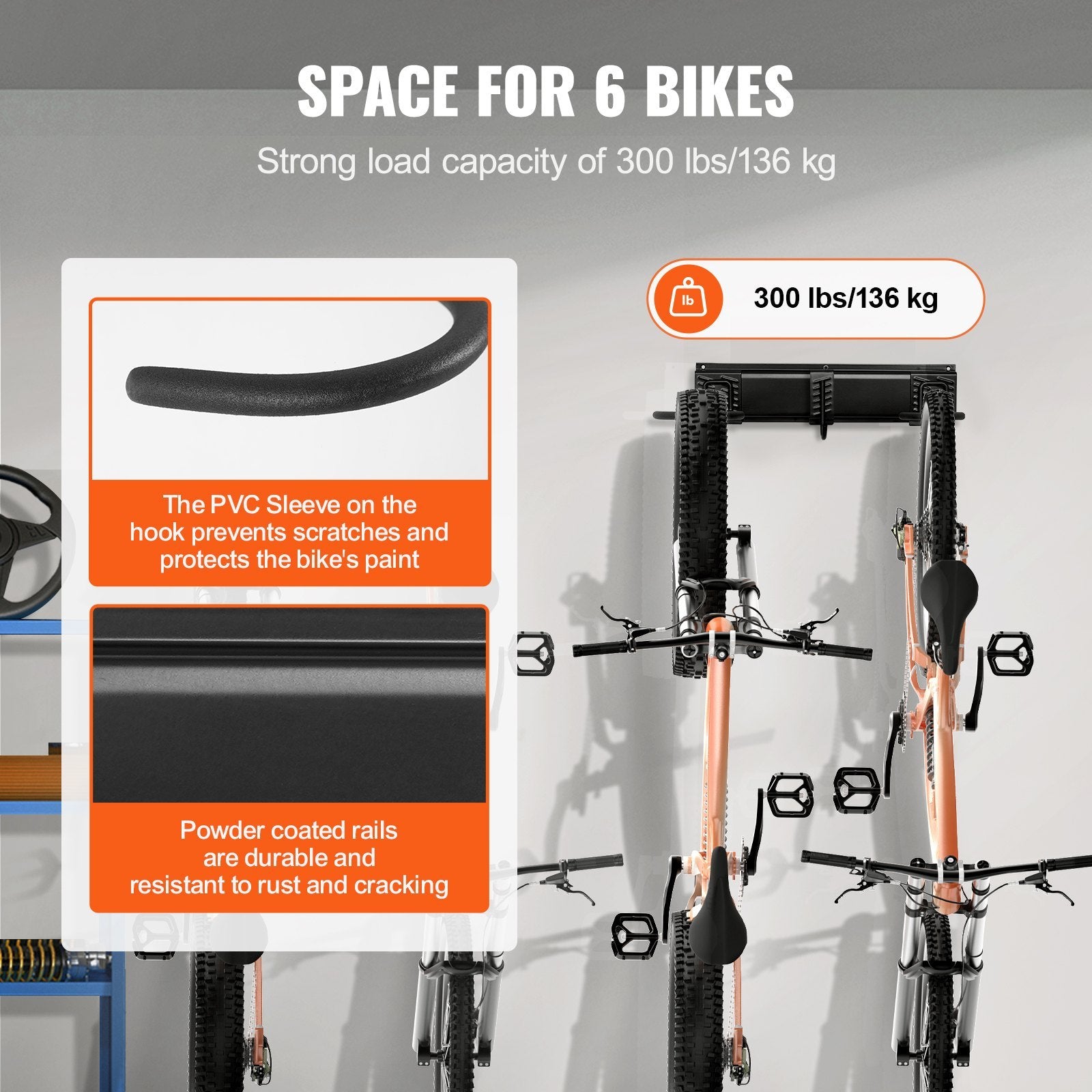 VEVOR Bike Storage Rack, 6 Bike Racks And 3 Helmets Hooks, Wall Mount Bike Storage Hanger, Home & Garage Organizer, Customizable For Various Bike Sizes, Adjustable Holder, Holds Up To 300 Lbs, 48-inch - Outdoor Chilling