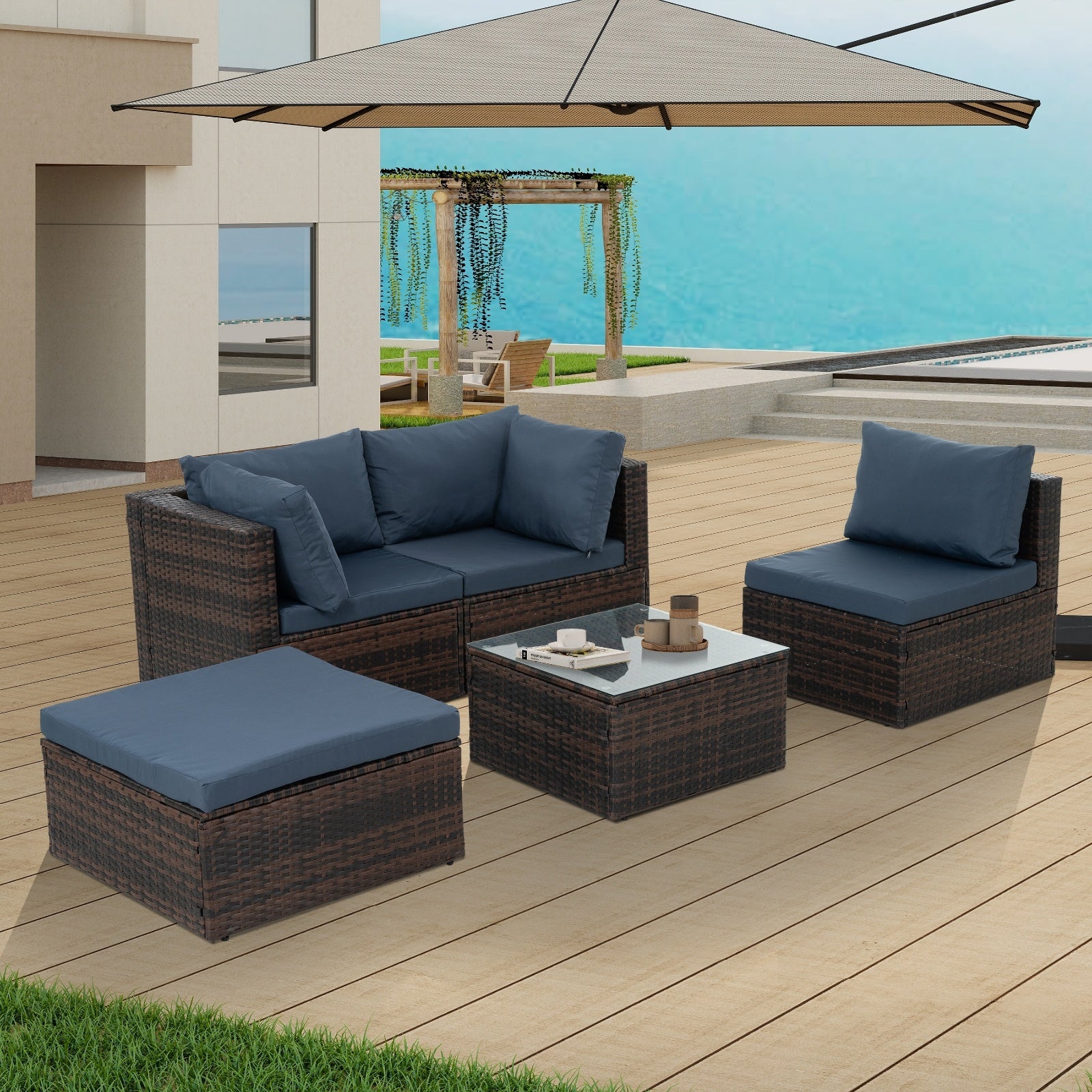 Patio Furniture, Outdoor Furniture, Seasonal PE Wicker Furniture, 5 Set Wicker Furniture With Temper - Outdoor Chilling