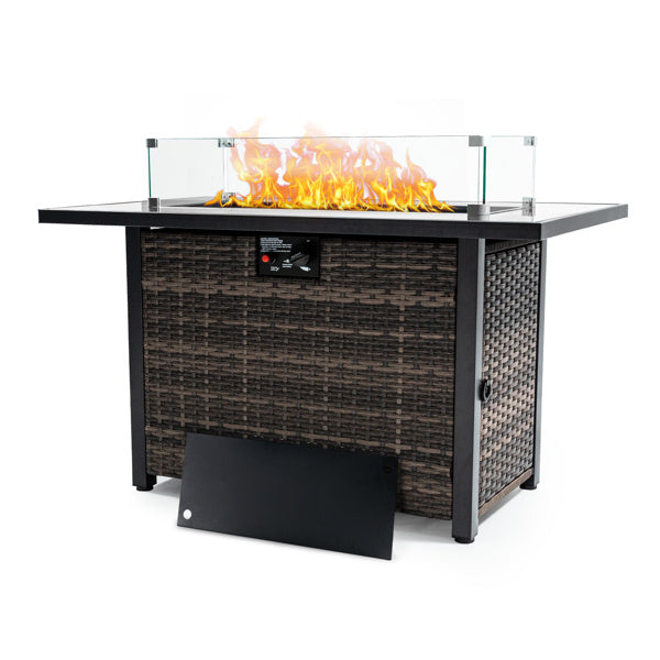 Outdoor Fire Pit 50000 BTU Propane Gas Fire Table With Lid Fireplace With Glass Windproof Willow Base Suitable For Gardens, Terraces, Backyards, 44 Inches - Outdoor Chilling