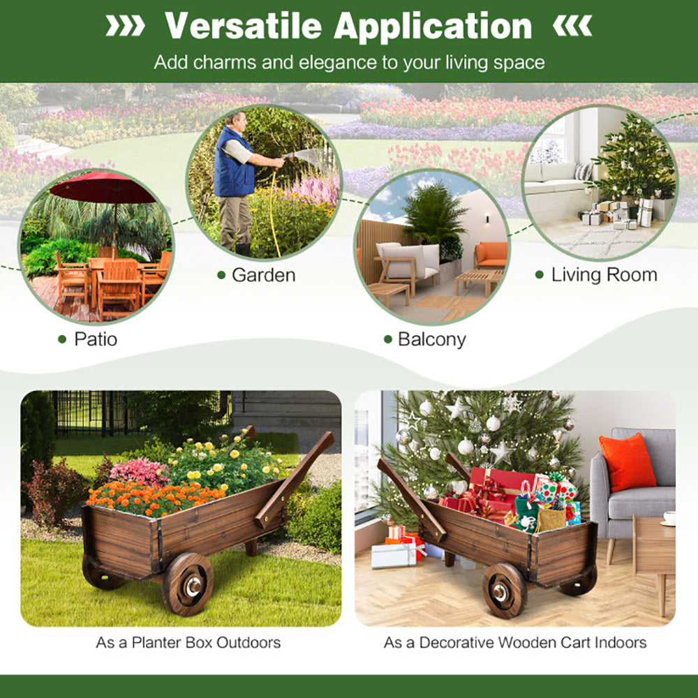 Wooden Wagon Planter Box With Wheels Handles And Drainage Hole - Outdoor Chilling