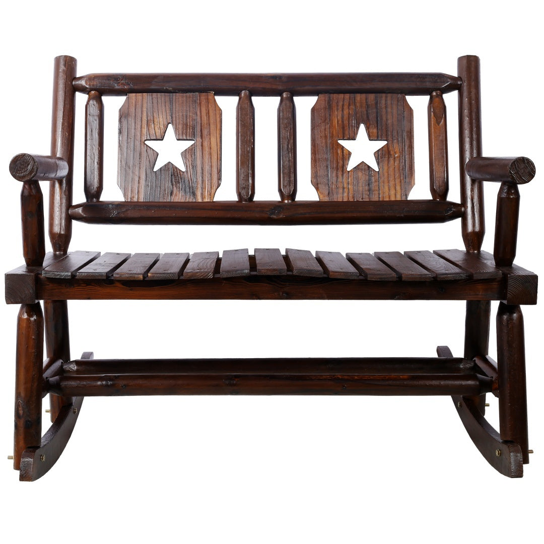 Outdoor Solid Wood Rocking Chair Bench Carbonized Double Rocking Chair For 2 People With Wide Curved Seat For Porch, Garden, Backyard, Rustic Brown - Outdoor Chilling