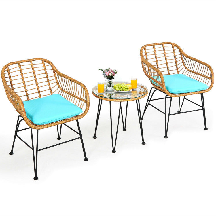 3 Pieces Rattan Furniture Set With Cushioned Chair Table - Outdoor Chilling