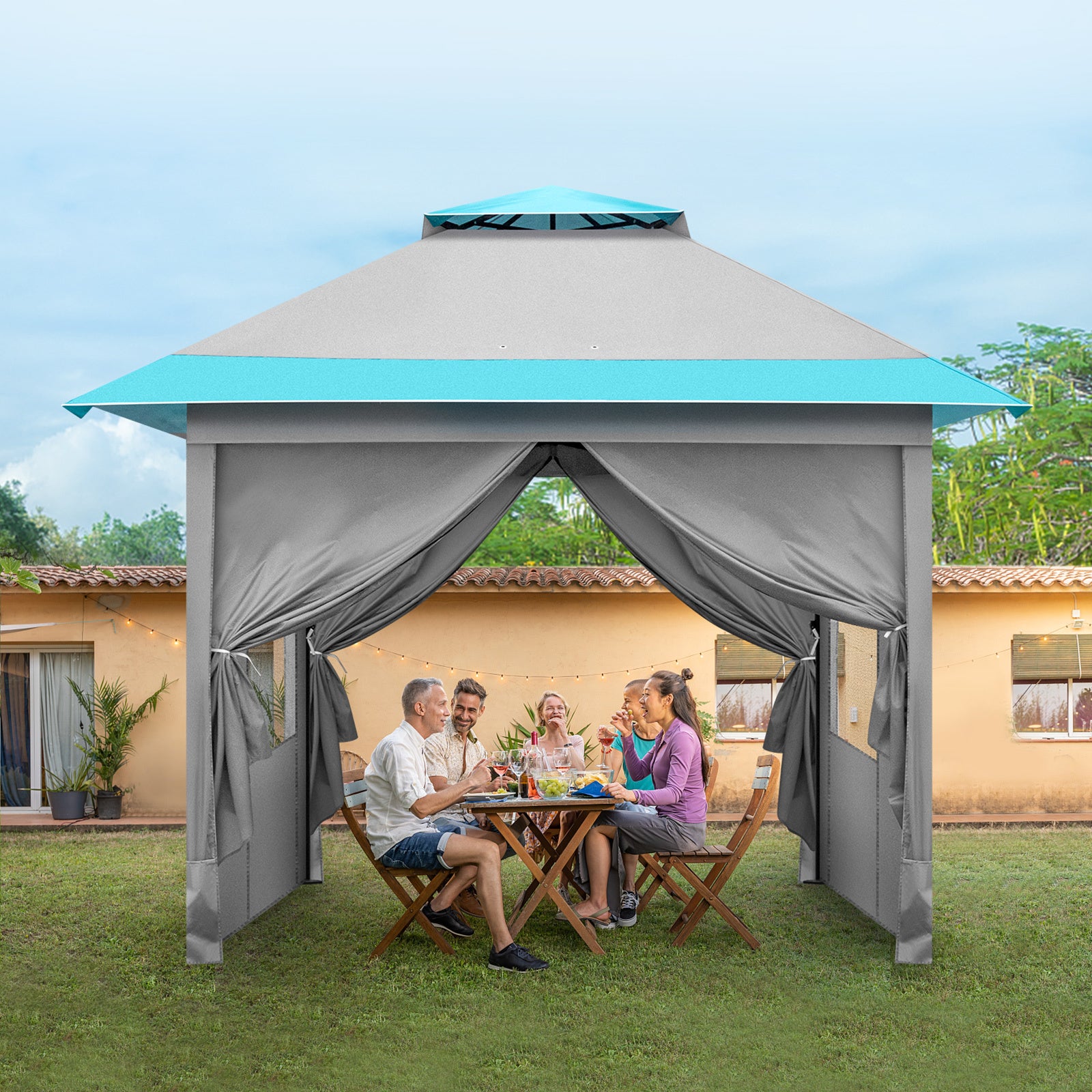 3x3m Light Blue White One Click Open Right Angle Belt With 4 Sides Of Surrounding Cloth, Double Roof Overhanging Eaves, 4 Corners With Sandbags, Folding Shed - Outdoor Chilling