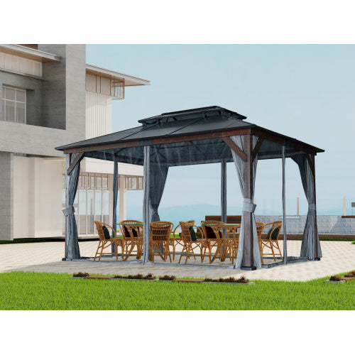 10' X 13' Hardtop Wood Gazebo For Patios, Outdoor Framed Gazebo With Polycarbonate Double Roof Canopy, Solid Wooden Framed Gazebo With Privacy Curtains And Mosquito Nettings For Garden, Backyard - Outdoor Chilling