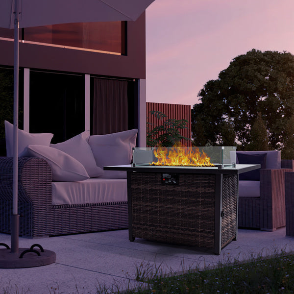Outdoor Fire Pit 50000 BTU Propane Gas Fire Table With Lid Fireplace With Glass Windproof Willow Base Suitable For Gardens, Terraces, Backyards, 44 Inches - Outdoor Chilling