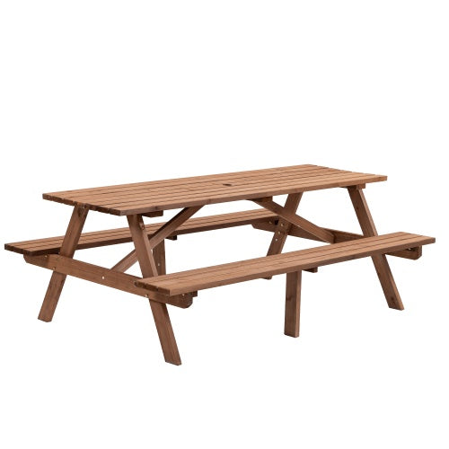 8 Person Brown Wooden Picnic Table, Outdoor Camping Dining Table With 2 Seats, Garden, DIY With 2 Built-in Benches, 2220lb Capacity - Outdoor Chilling