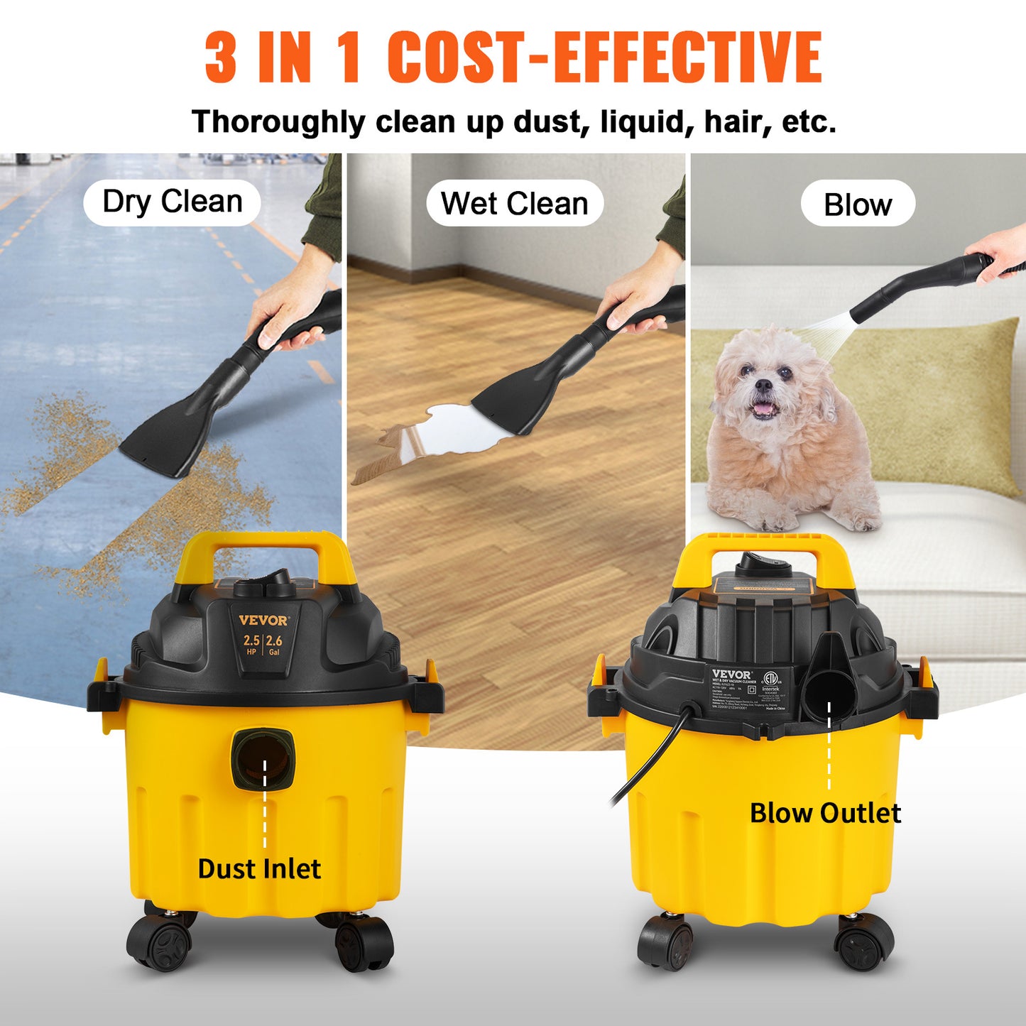 VEVOR Wet Dry Vac, 2.6 Gallon, 2.5 Peak HP, 3 In 1 Shop Vacuum With Blowing Function, Portable With Attachments To Clean Floor, Upholstery, Gap, Car, ETL Listed, Yellow - Outdoor Chilling