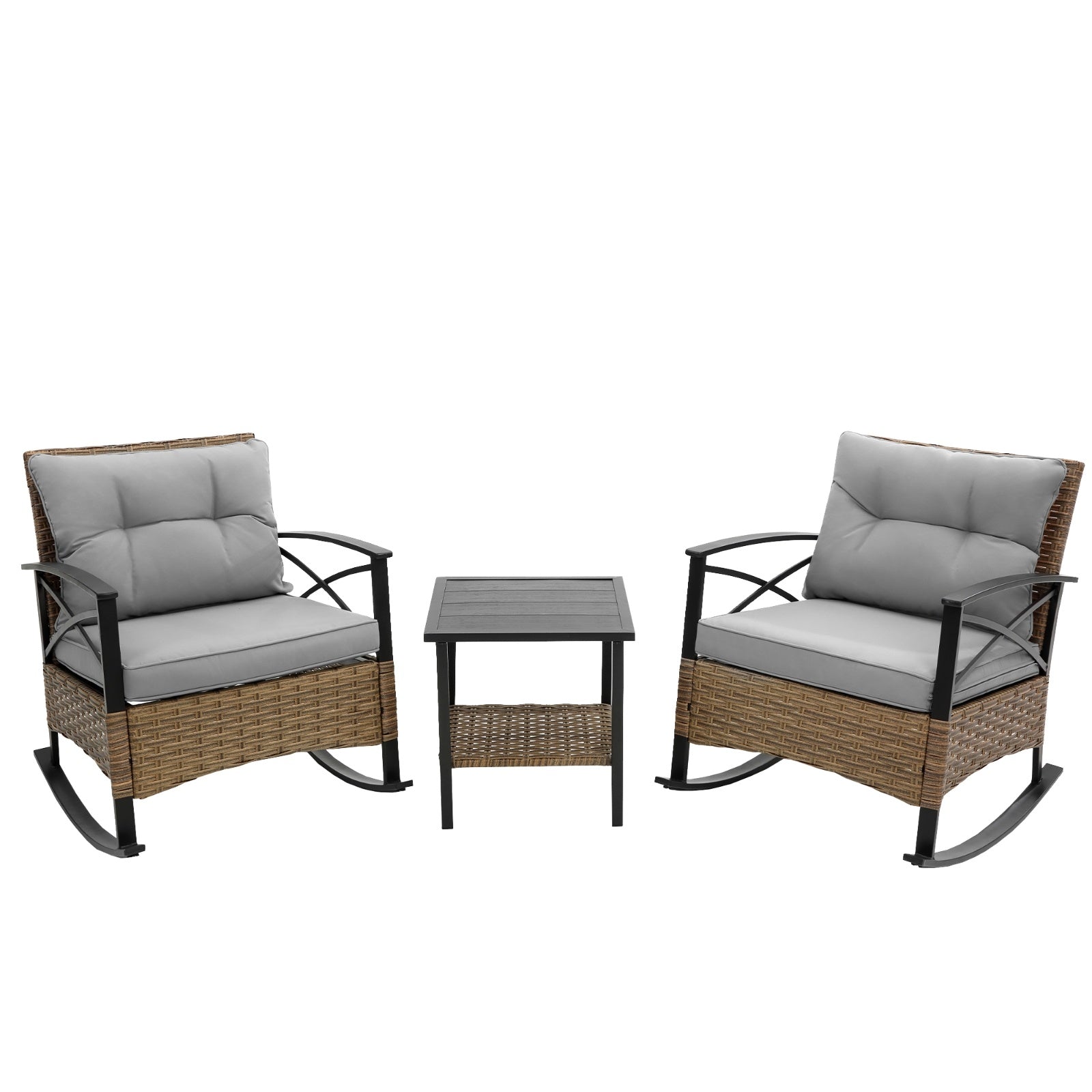 3pcs Rattan Rocking Chair Set Outdoor Leisure Grey - Outdoor Chilling