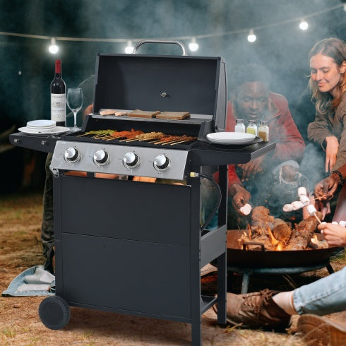 Propane Gas Grill 4 Burner Barbecue Grill, Stainless Steel 34,000 BTU Patio Garden Barbecue Grill With Two Shelves, Lid, Wheels And Bottle Opener - Outdoor Chilling
