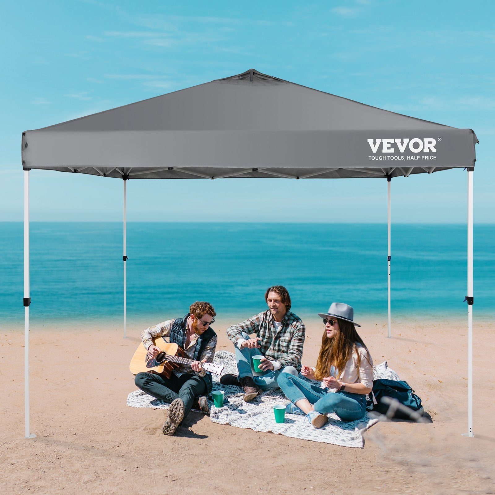 VEVOR Pop Up Canopy Tent, 10 X 10 Ft, 250 D PU Silver Coated Tarp, With Portable Roller Bag And 4 Sandbags, Waterproof And Sun Shelter Gazebo For Outdoor Party, Camping, Commercial Events, Dark Gray - Outdoor Chilling
