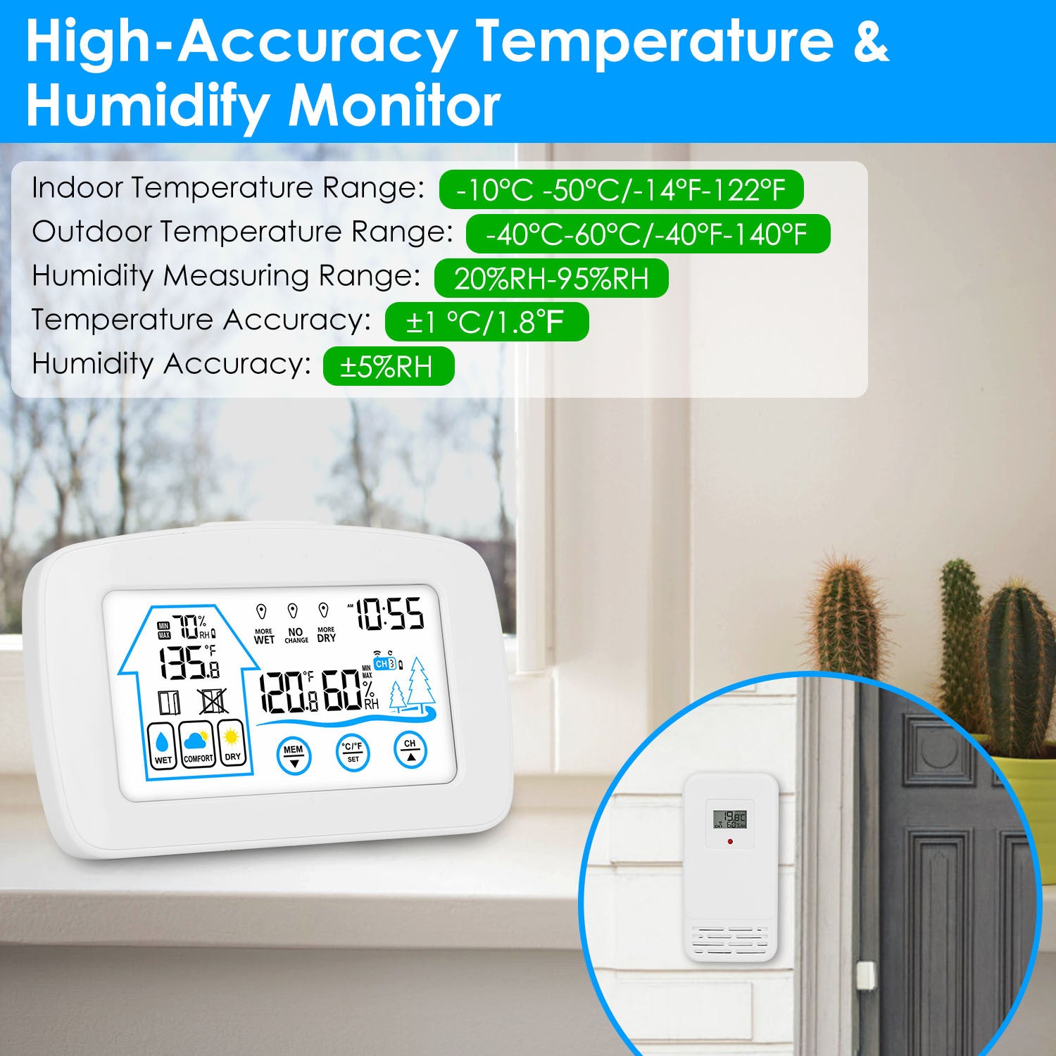 1Pc Wireless Weather Station With Clock 196FT Range Indoor Outdoor Thermometer Sensor Temperature And Humidity Monitor Humidity Forecast Battery Powered Backlight Display - Outdoor Chilling