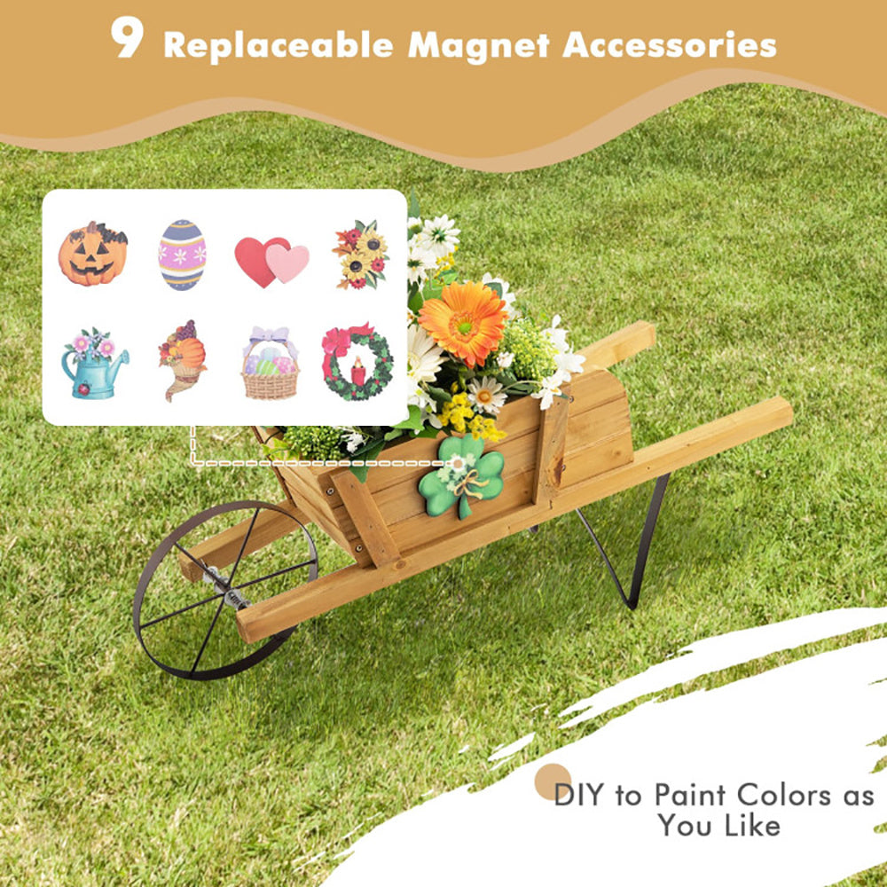 Wooden Wagon Planter With 9 Magnetic Accessories For Garden Yard - Outdoor Chilling