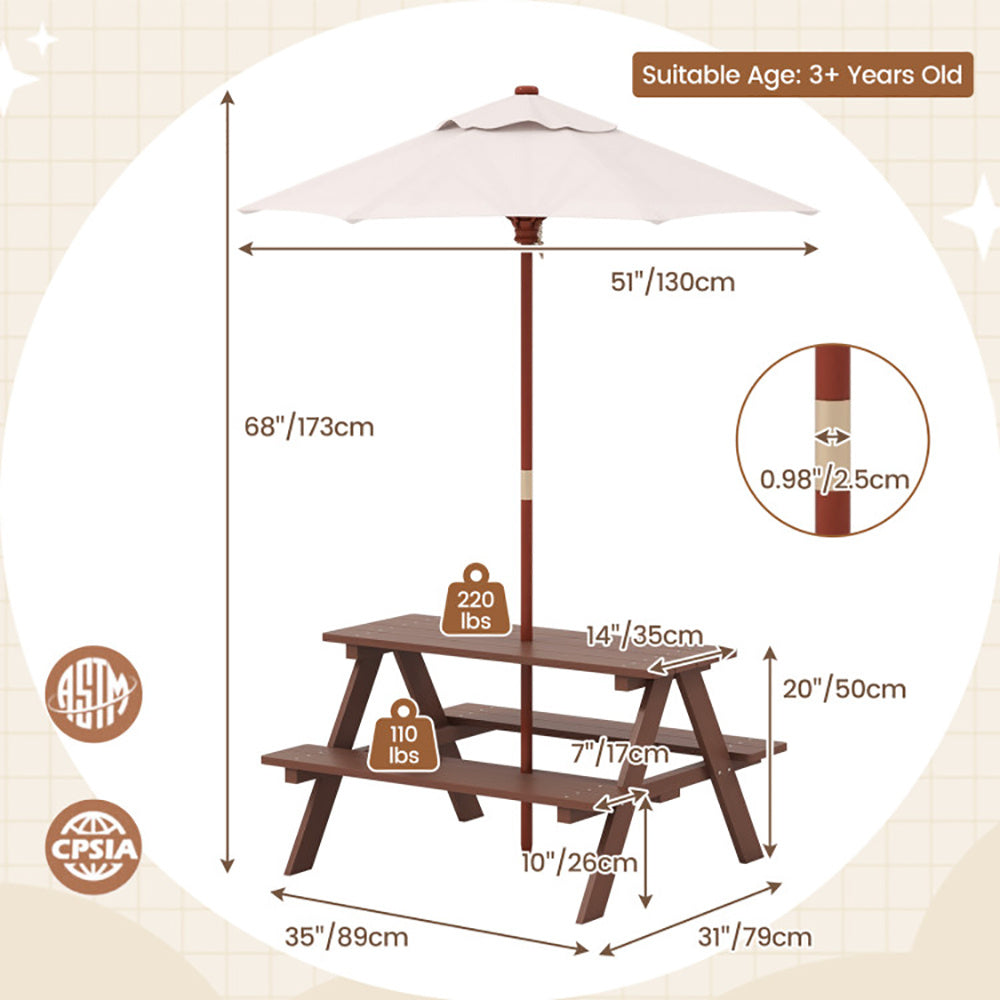 Outdoor 4-Seat Kids Picnic Table Bench Set With Removable Umbrella - Outdoor Chilling