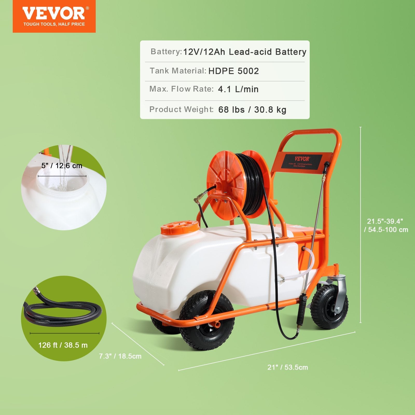 VEVOR Battery Powered Lawn Sprayer On Wheel, 0-90 PSI Adjustable Pressure, 15 Gallon Tank, Cart Sprayer With 8 Nozzles And 2 Wands, 12V 12Ah Battery, Wide Mouth Lid For Weeding, Spraying - Outdoor Chilling