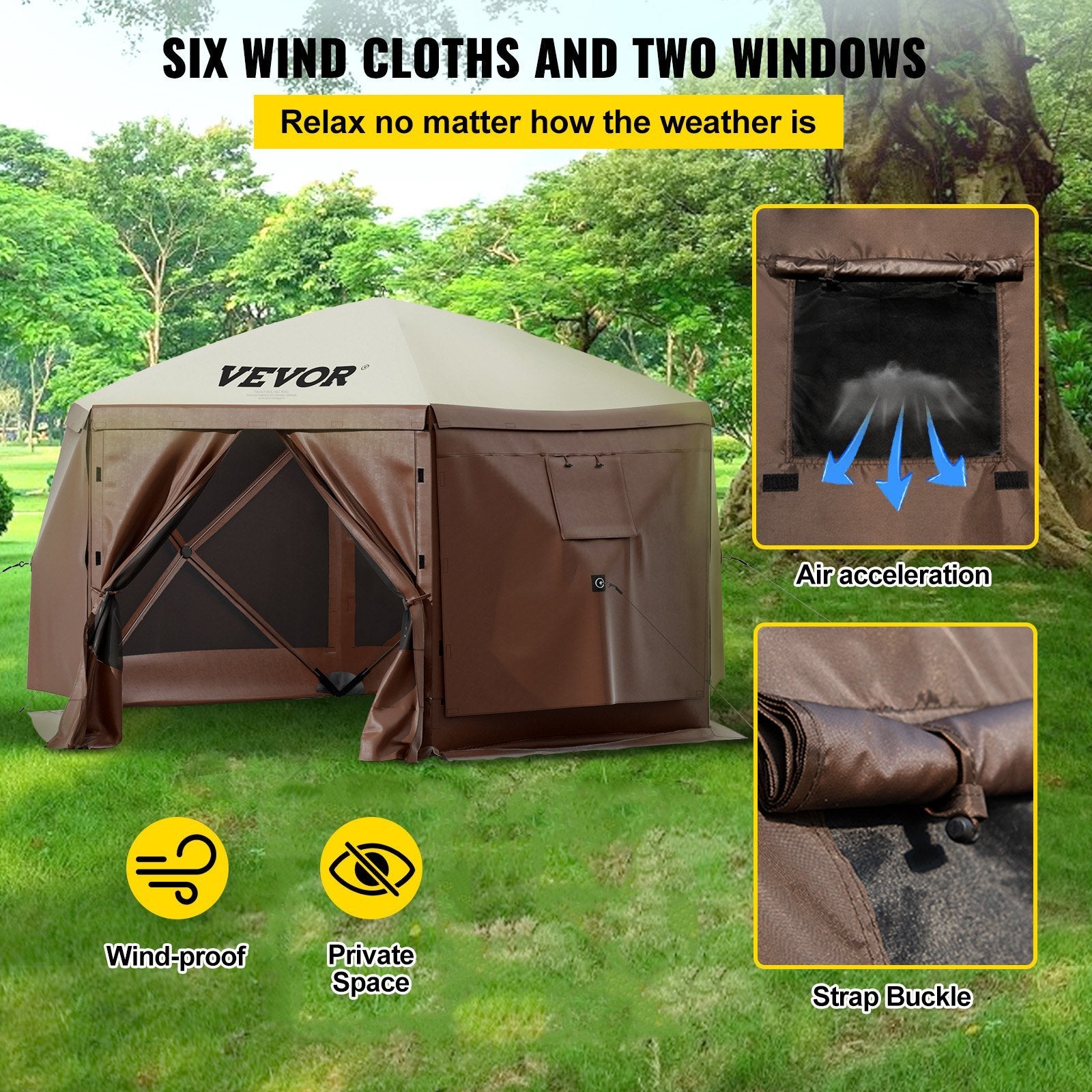 VEVOR Camping Gazebo Screen Tent, 6 Sided Pop Up Canopy Shelter Tent With Mesh Windows, Portable Carry Bag, Stakes, Large Shade Tents For Outdoor Camping, Lawn And Backyard, Brown Beige - Outdoor Chilling