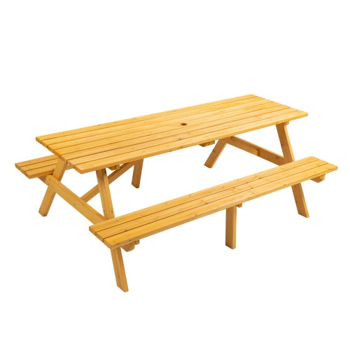 8 Person Brown Wooden Picnic Table, Outdoor Camping Dining Table With 2 Seats, Garden, DIY With 2 Built-in Benches, 2220lb Capacity - Outdoor Chilling