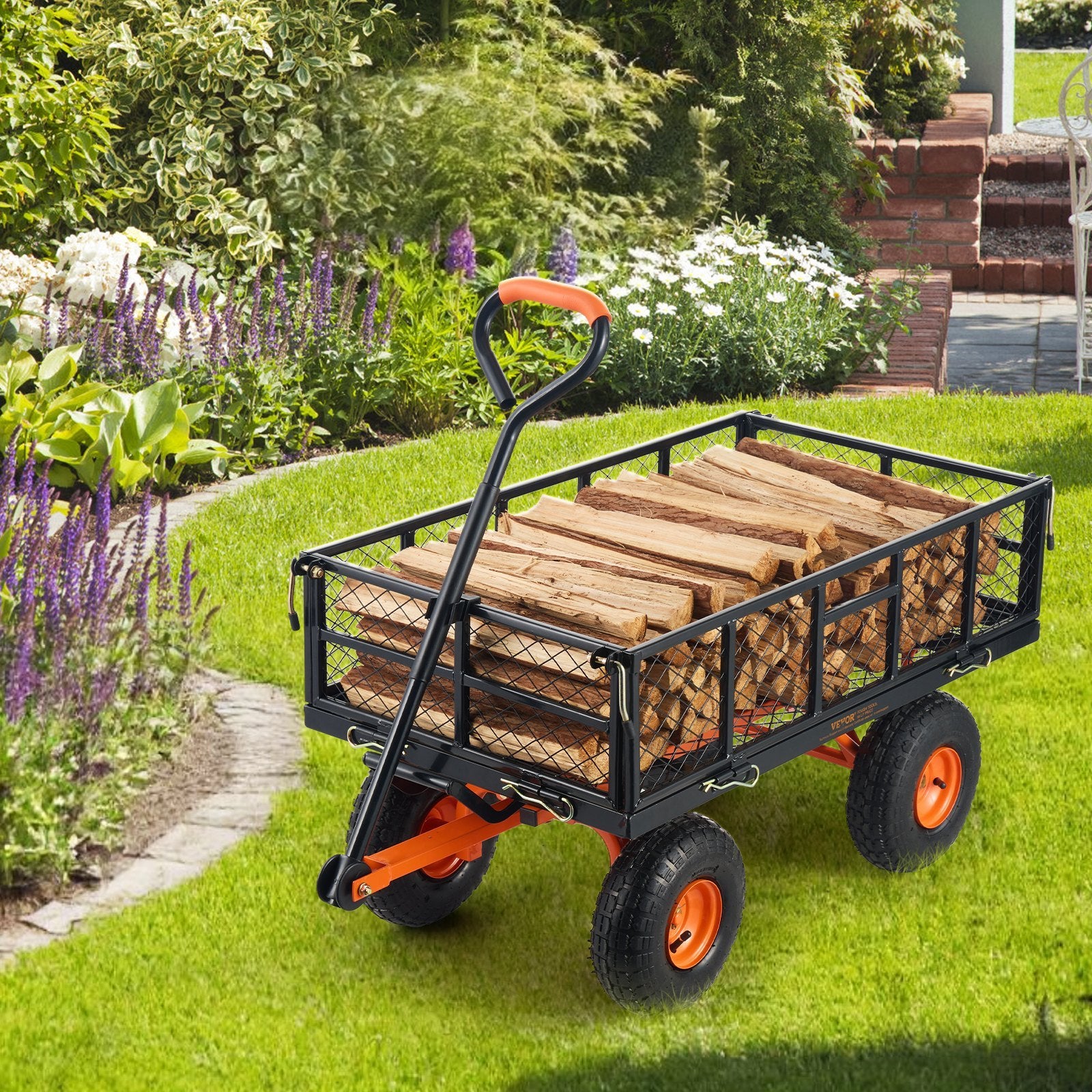 VEVOR Dump Cart, Metal Garden Dump Cart With Easy To Assemble Frame, Dump Wagon With 2-in-1 Convertible Handle, Utility Wheelbarrow 400 Lbs Capacity, 10 Inch Tires - Outdoor Chilling