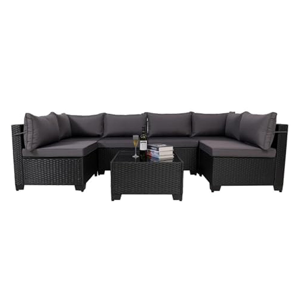 7 Pieces Outdoor Rattan Patio Sectional Set, Black Wicker Furniture Conversation Sets With Washable Cushions & Glass Coffee Table For Garden, Poolside, Backyard - Outdoor Chilling