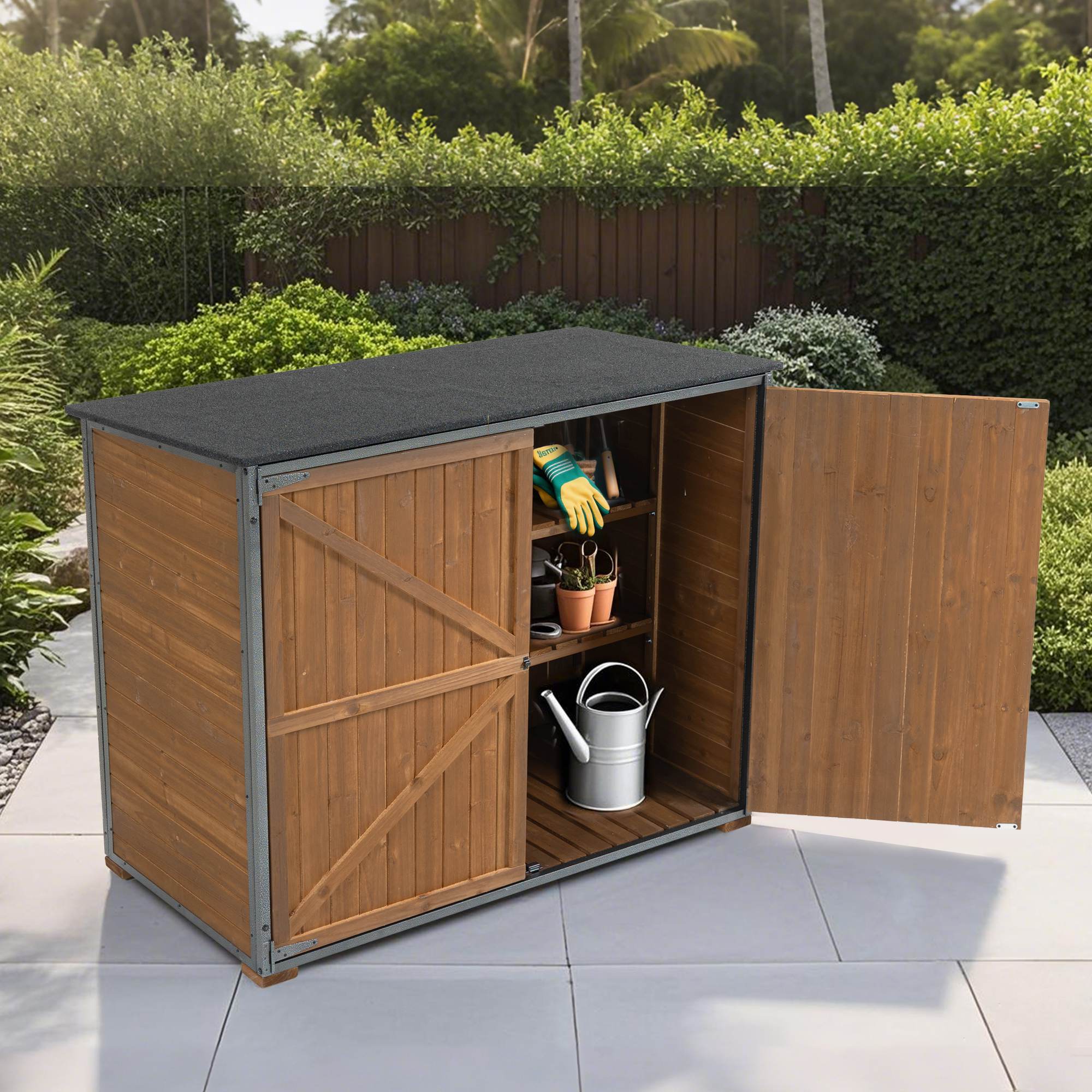 Outdoor Storage Cabinet 50.4L X 26.8W X 41H Ft Garden Shed Tool Shed With Metal Frame Structure For Garden Patio Lawn Brown - Outdoor Chilling