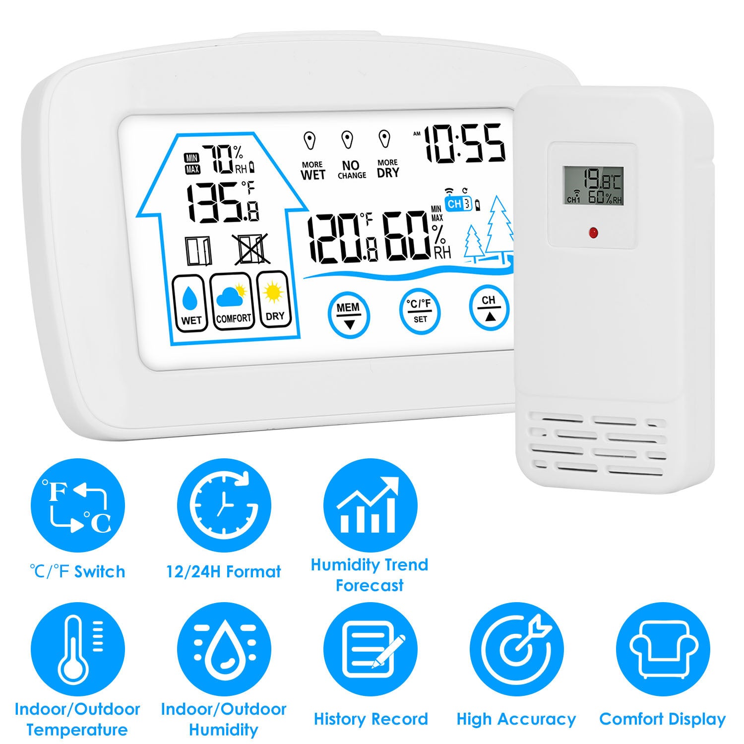 1Pc Wireless Weather Station With Clock 196FT Range Indoor Outdoor Thermometer Sensor Temperature And Humidity Monitor Humidity Forecast Battery Powered Backlight Display - Outdoor Chilling