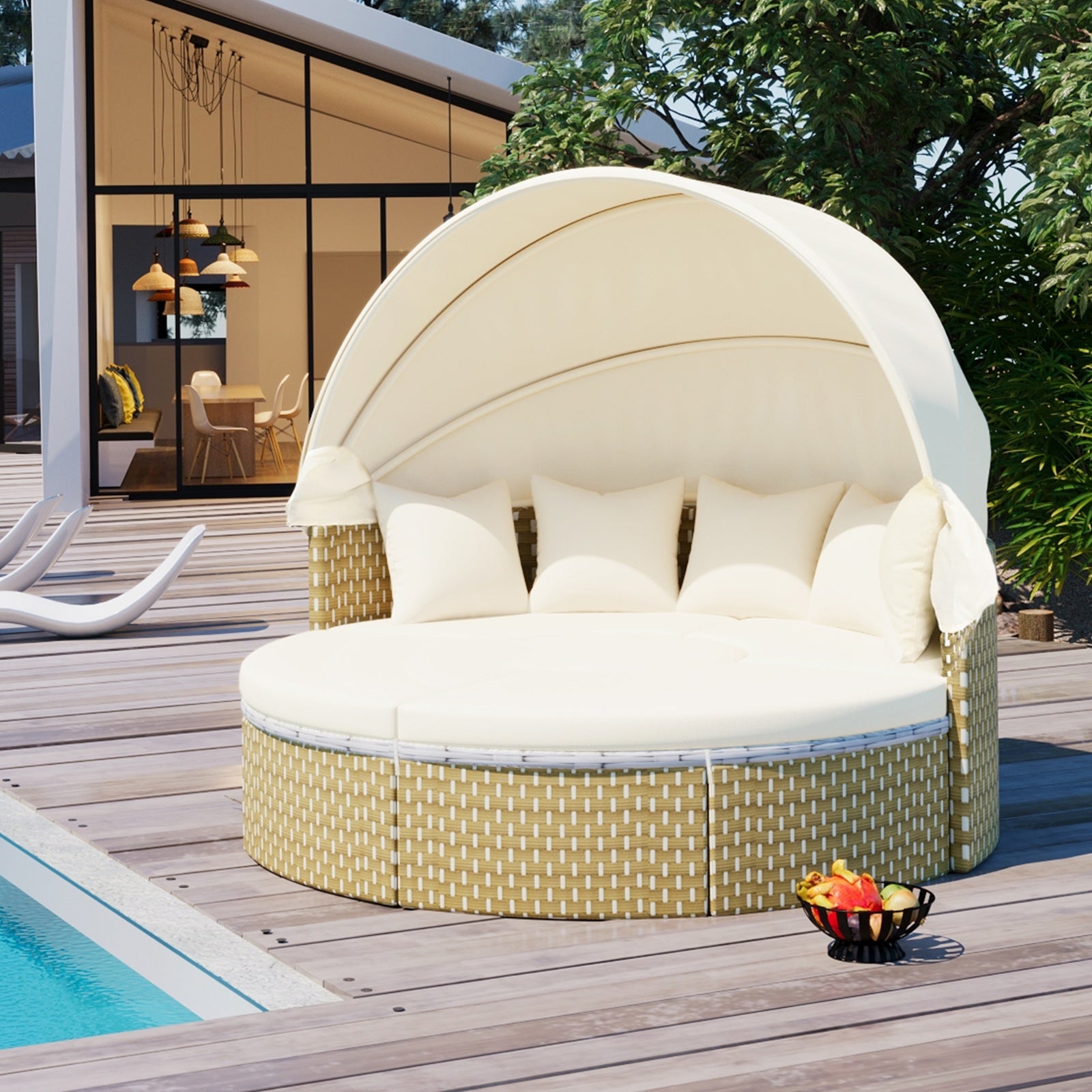 TOPMAX Patio Furniture Round Outdoor Sectional Sofa Set Rattan Daybed Two-Tone Weave Sunbed With Ret - Outdoor Chilling