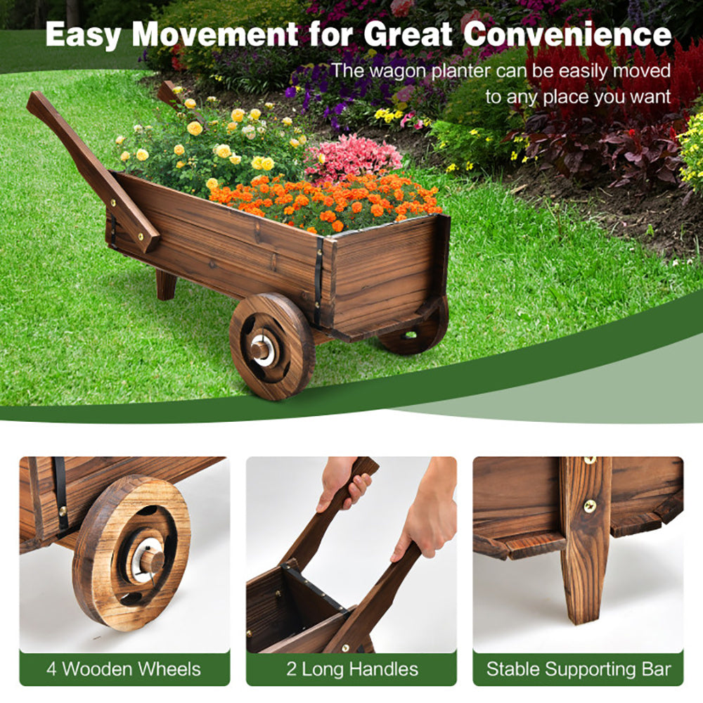 Wooden Wagon Planter Box With Wheels Handles And Drainage Hole - Outdoor Chilling