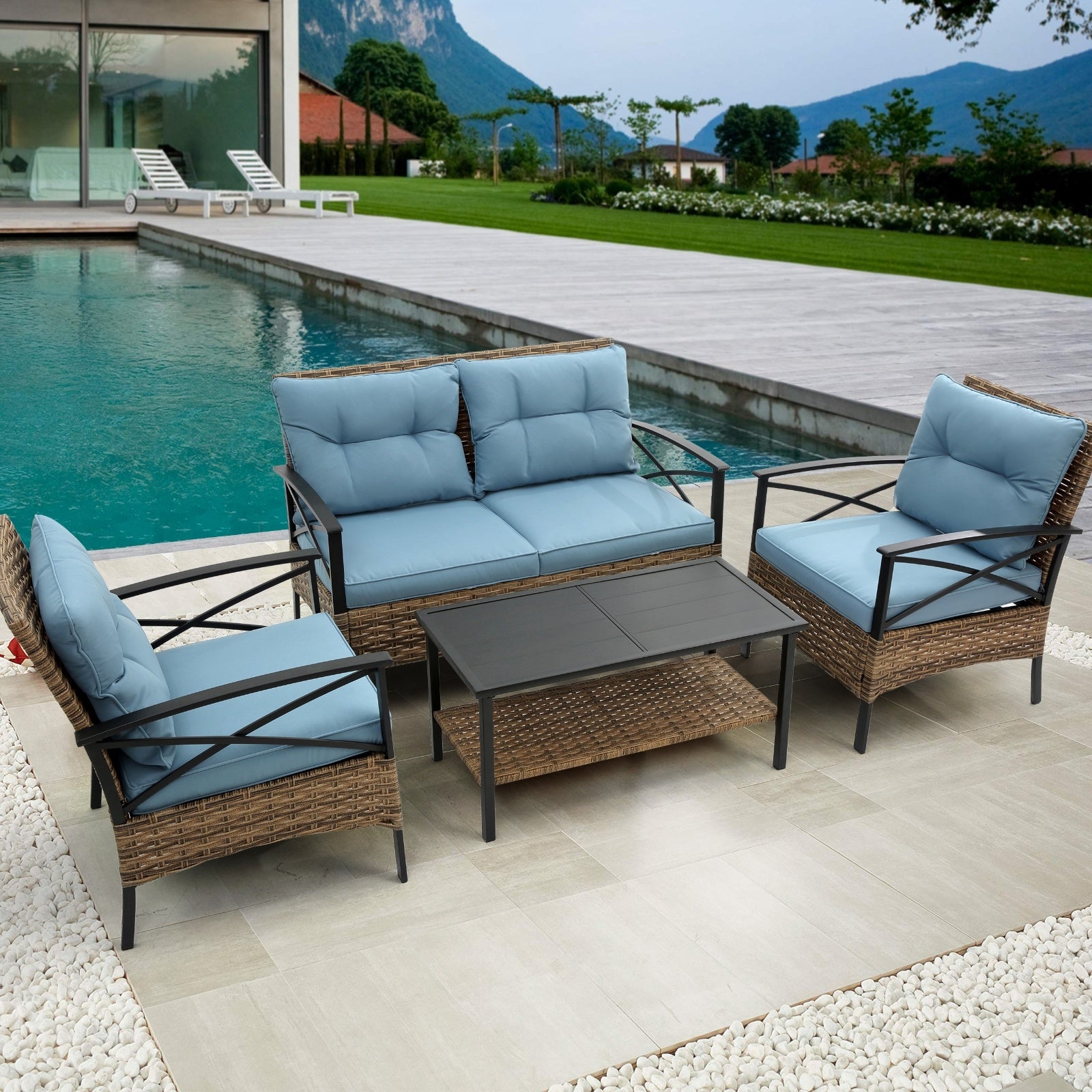 4-Piece Patio Sectional Low Dining Sofa Set - KD Rattan Wicker Outdoor Furniture - Outdoor Chilling