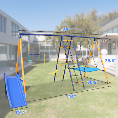 500 Lbs 7 In 1 Swing Set For Kids Outdoor A Frame Heavy Metal Swing Sets With Slide 2 Swing Seats 1 Climbing Net Ladder 1 Gym Ring 1 Basket - Outdoor Chilling