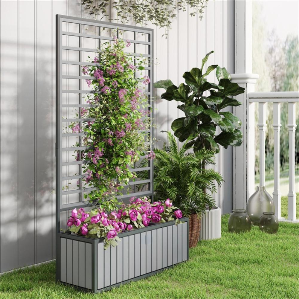 Wooden Raised Garden Bed With Trellis, Removable Pots-Gray - Outdoor Chilling