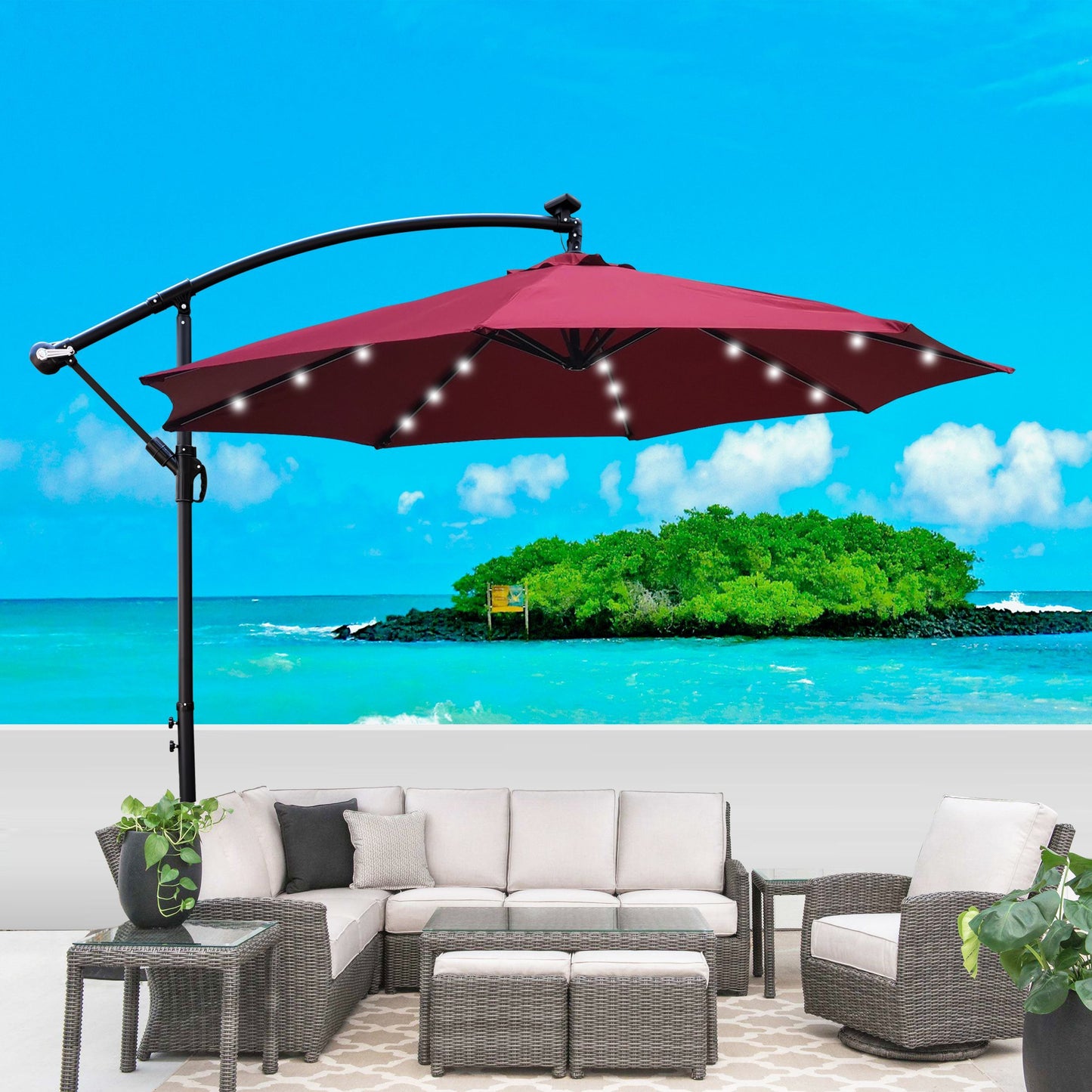 10ft Outdoor Patio Umbrella Solar Powered LED Lighted Sun Shade Market Waterproof 8 Ribs Umbrella with Crank and Cross Base for Garden Deck Backyard - Outdoor Chilling