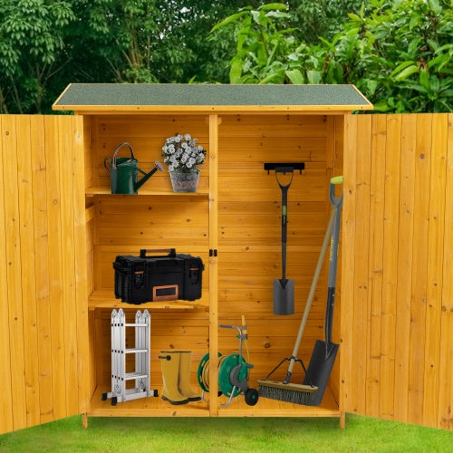 56L X 19.5W X 64H Outdoor Storage Shed With Lockable Door, Wooden Tool Storage Shed W Detachable Shelves Pitch Roof, Natural - Outdoor Chilling