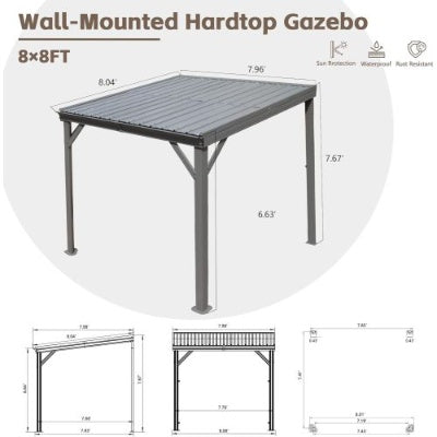 8x 8 Lean To Gazebo With Upgraded Drainage System, Wall Mounted Gazebo Hardtop Galvanized Steel Sloping Roof For Patio Deck Lawn Party Gray - Outdoor Chilling