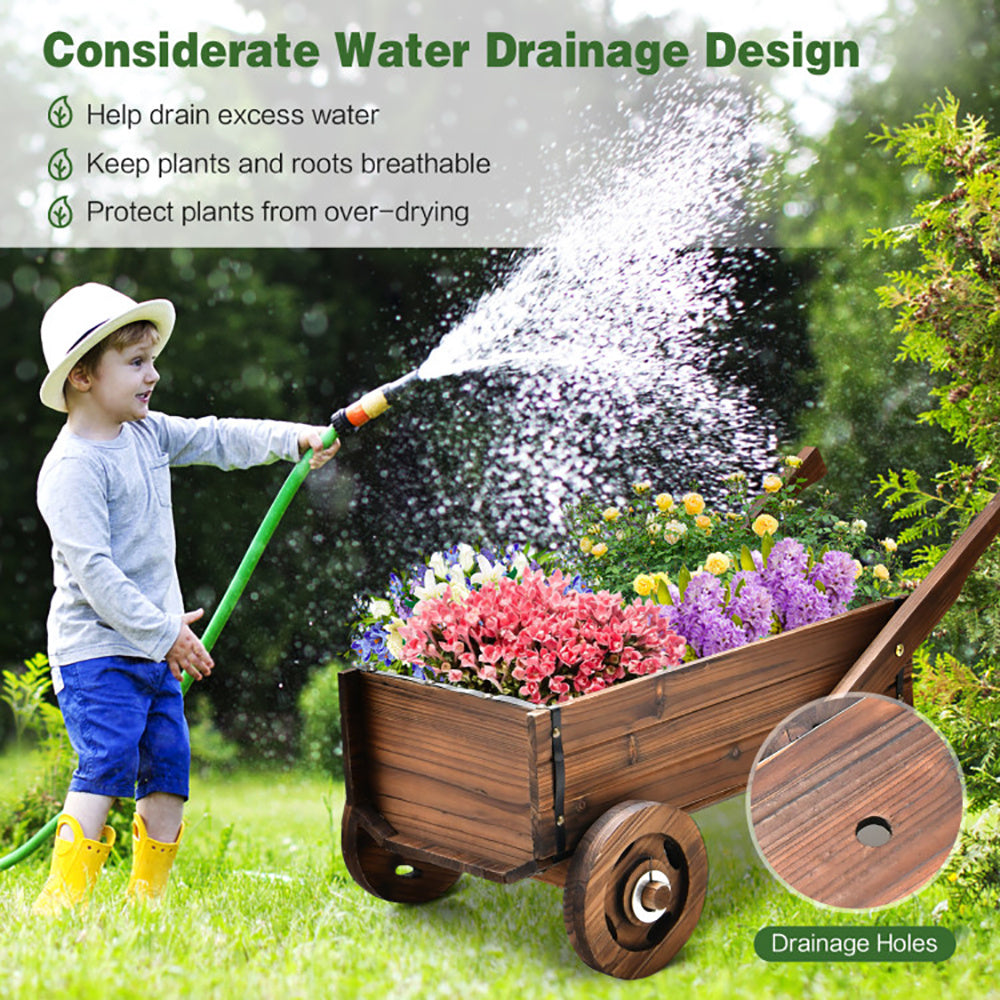 Wooden Wagon Planter Box With Wheels Handles And Drainage Hole - Outdoor Chilling