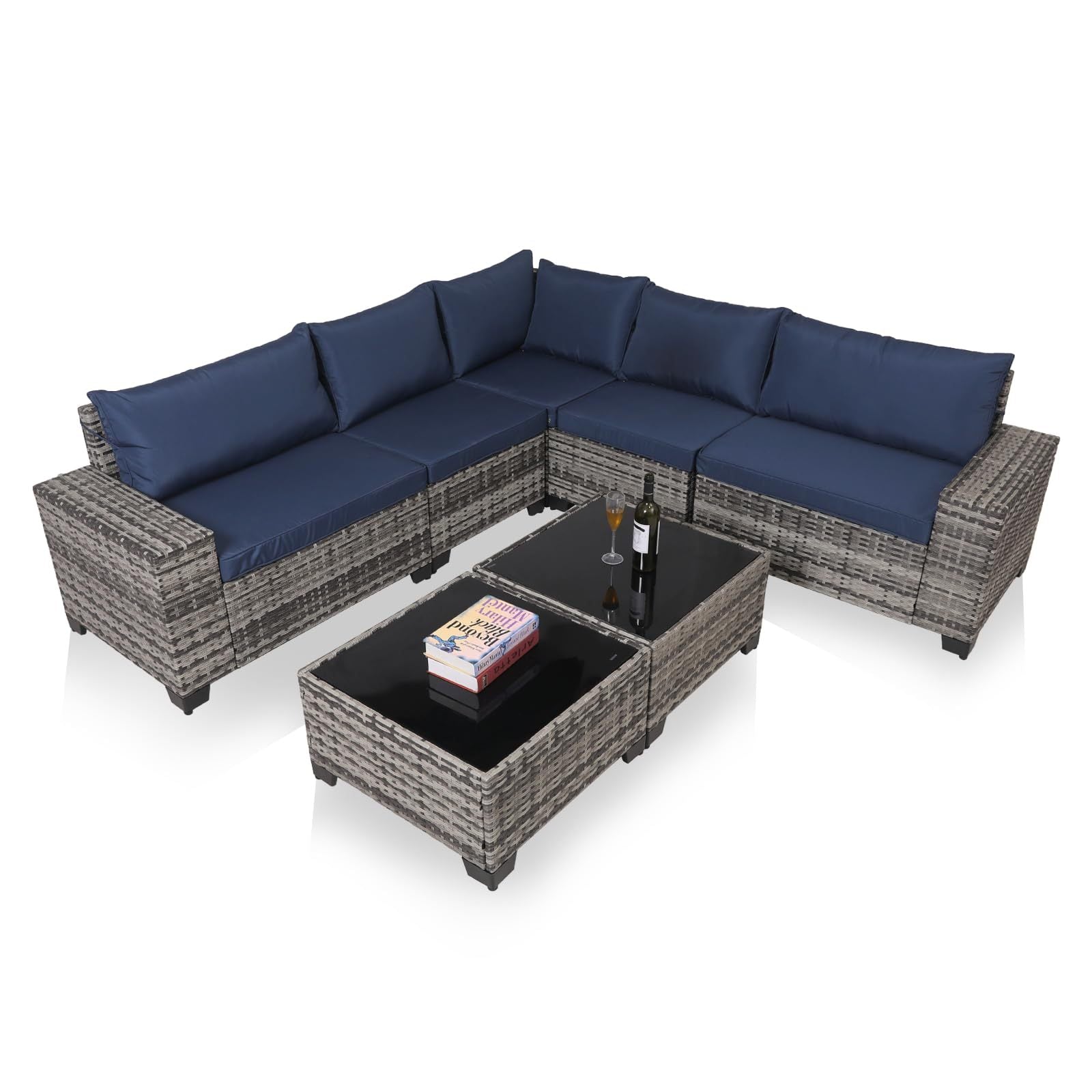 7-Piece Outdoor Patio Furniture Sets, All-Weather Wicker Rattan Sectional Sofa, Modern Two Glass Coffee Table And Washable Seat Cushion - Outdoor Chilling