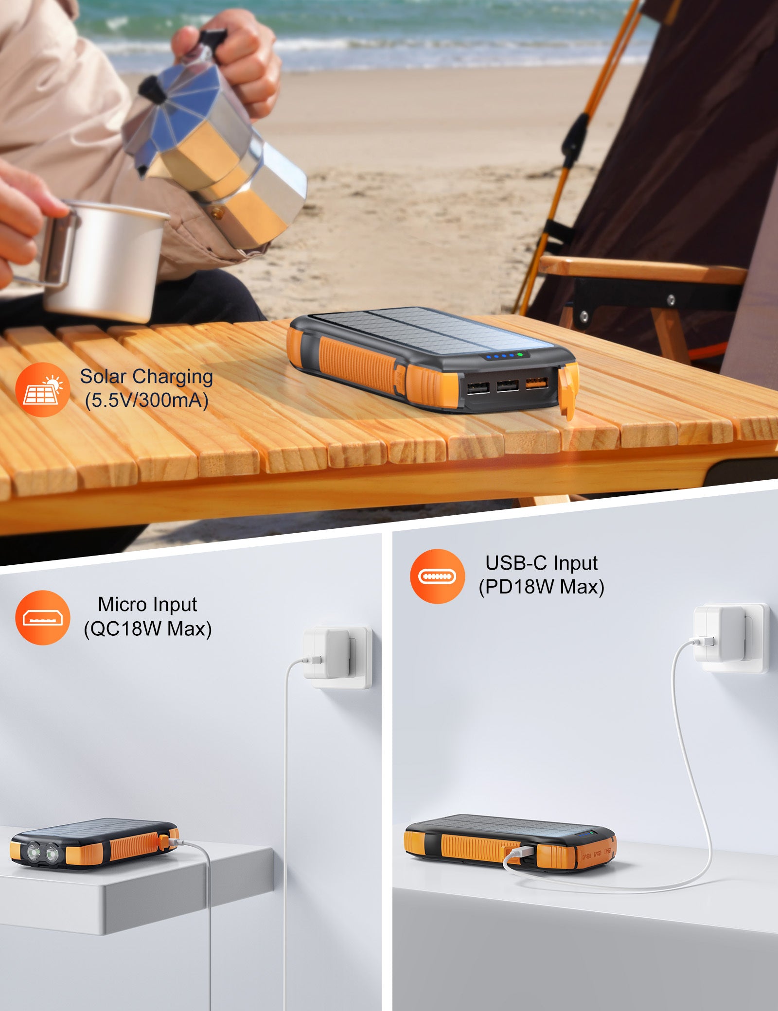 New Product Large Capacity 20000mAh 3 USB C Flashlight Ip67 Waterproof High-speed Wireless Charger Solar Power Bank - Outdoor Chilling