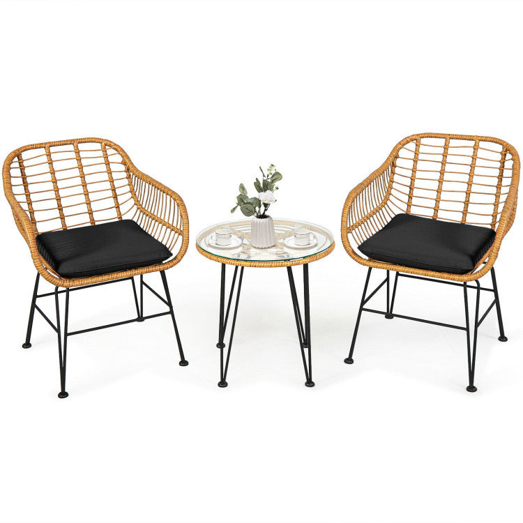 3 Pieces Rattan Furniture Set With Cushioned Chair Table - Outdoor Chilling