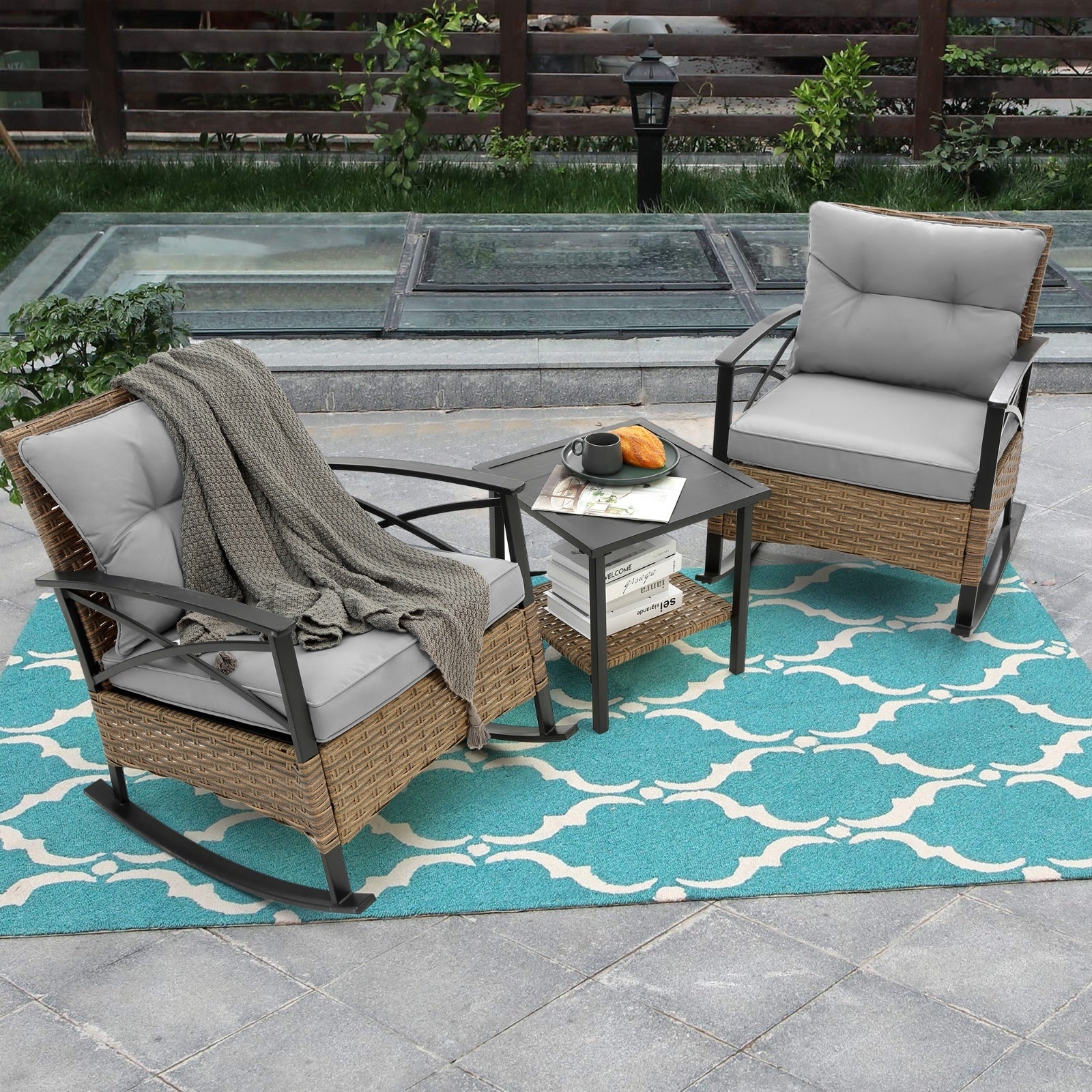 3pcs Rattan Rocking Chair Set Outdoor Leisure Grey - Outdoor Chilling