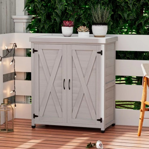 Potted Stool With Locker And Metal Tabletop For Outdoor Patio, Outdoor Workstation Table - Outdoor Chilling